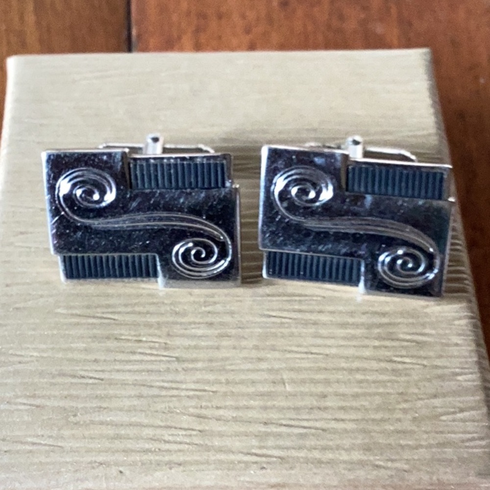 Vintage Signed Rectangular Silver Tone Swirl & Bl… - image 1